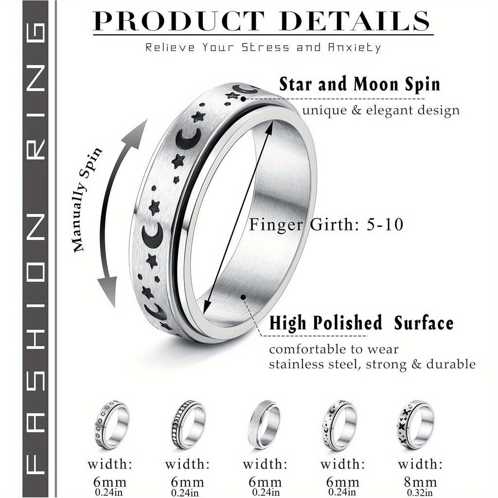 5pcs Stainless Steel Spinner Rings for Women and Men - Fidget Rings with Flower, Moon, Star, Butterfly Designs - Jewelry for Festivals, Parties, and Casual Attire, Cute Ring