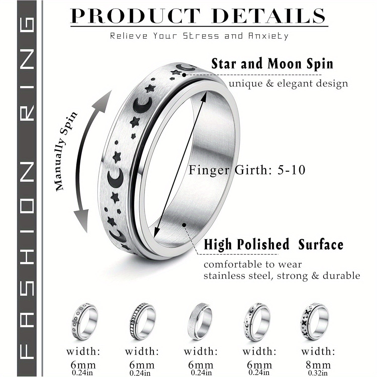 5pcs Stainless Steel Spinner Rings for Women and Men - Fidget Rings with Flower, Moon, Star, Butterfly Designs - Jewelry for Festivals, Parties, and Casual Attire, Cute Ring