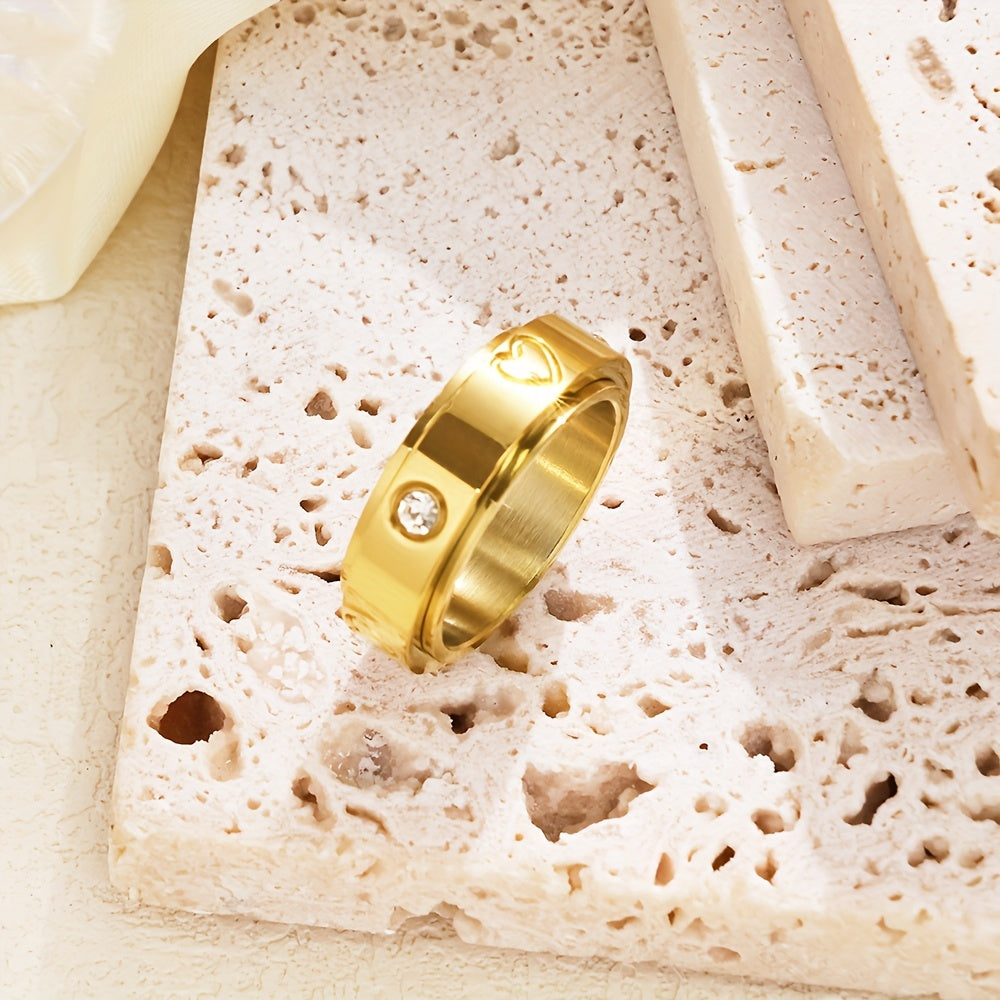 1 Simple Style Rotatable Heart-Inlaid Synthetic Zirconia 304 Stainless Steel Ring, Suitable for All Seasons Gift, for Teenager
