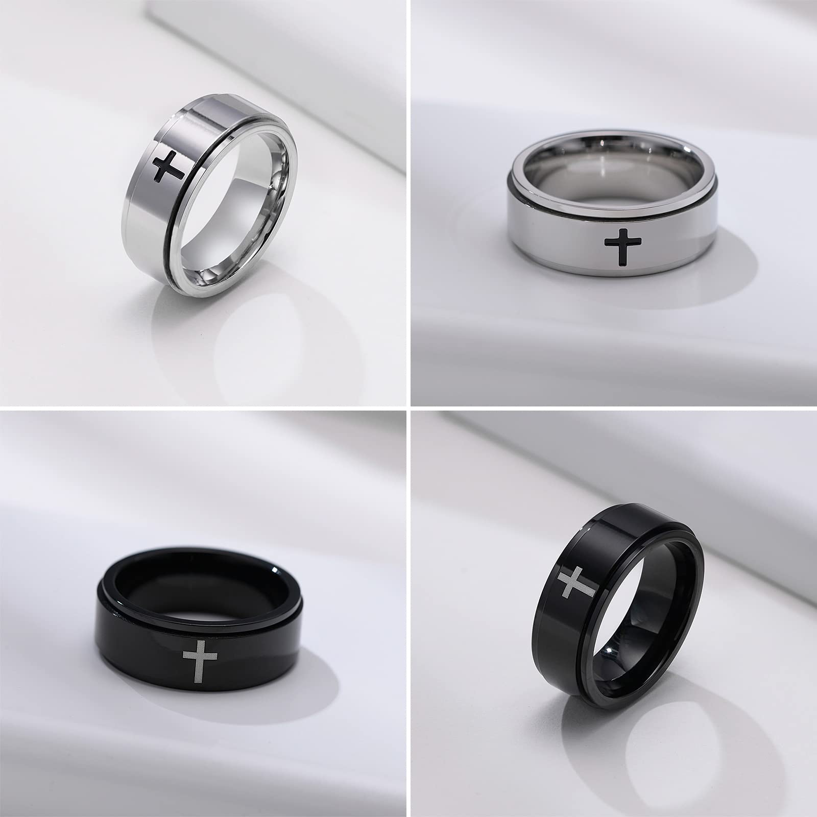 JewelryWe 2pcs Spinner Rings for Men Anxiety Stress Relieving Fidget Ring Stainless Steel Cross Wedding Promise Band, Size 7-12, Focus Aid, Calming Jewelry, Stylish Band, Minimalist Ring, Polished Finish, Durable Jewelry, Men's Ring, Men's Fashion,