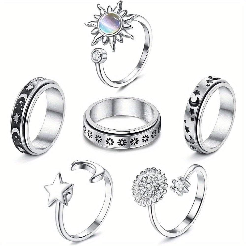 6pcs 316L Stainless Steel Spinner Rings Fidget Rings for Anxiety Teenager Teenager Anti Anxiety Ring with Beads Sunflower Moon Star Stress Relieving Rings Set, For Teenager