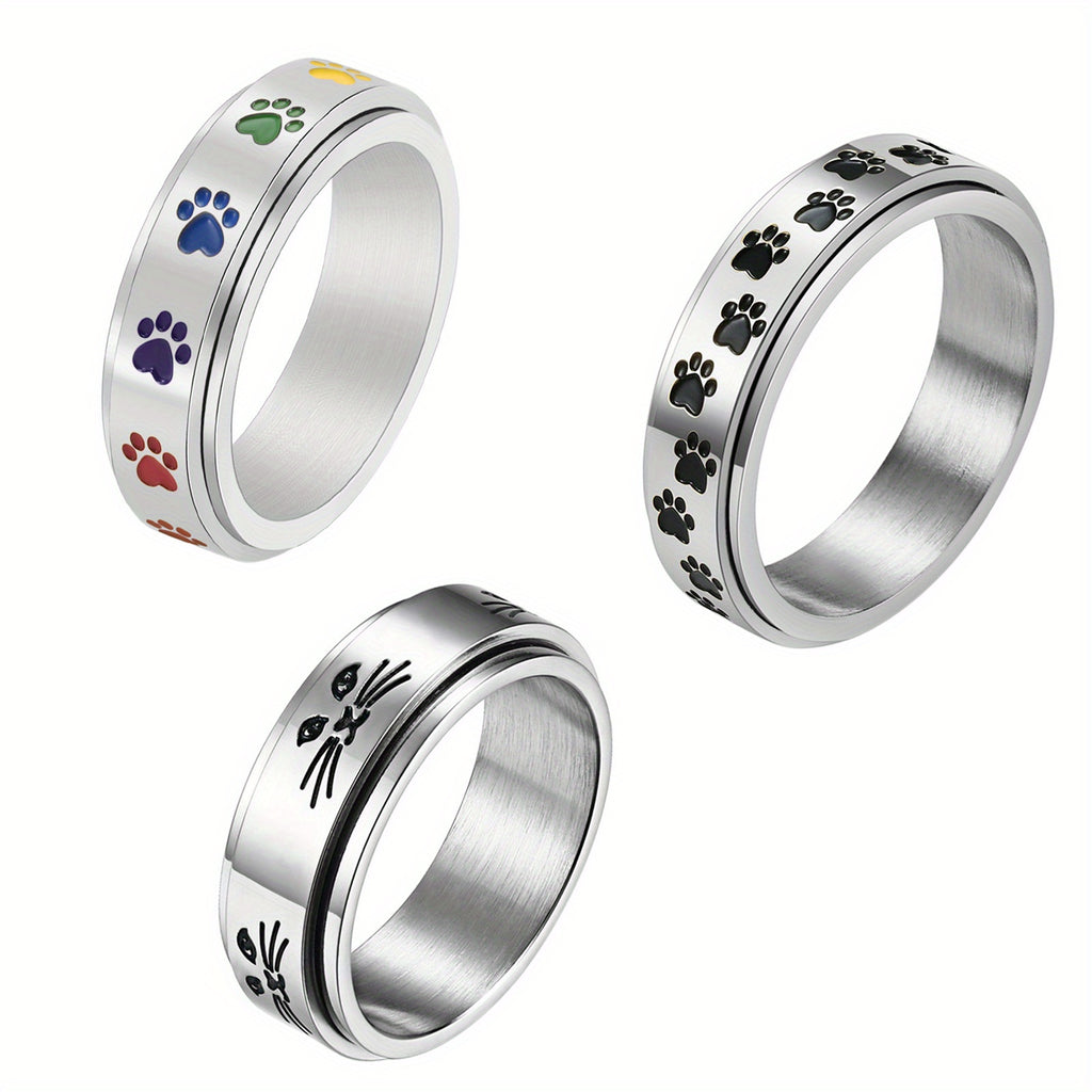 JewelryWe 3pcs Stainless Steel Spinner Ring Dog Pet Lover Paw Print Ring for Women Men Anxiety Relief Ring Dog Cat Paw Ring Pet Heart Gift for Friends Family