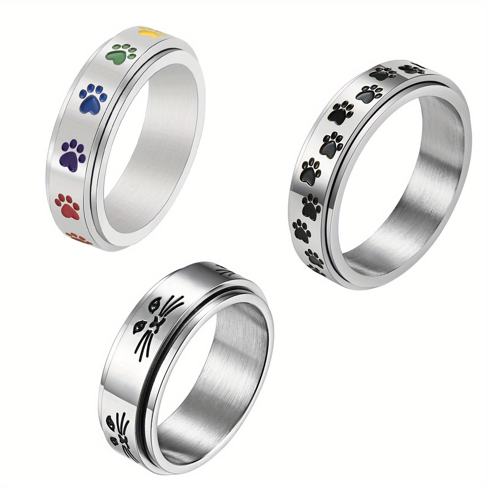 JewelryWe 3pcs Stainless Steel Spinner Ring Dog Pet Lover Paw Print Ring for Women Men Anxiety Relief Ring Dog Cat Paw Ring Pet Heart Gift for Friends Family