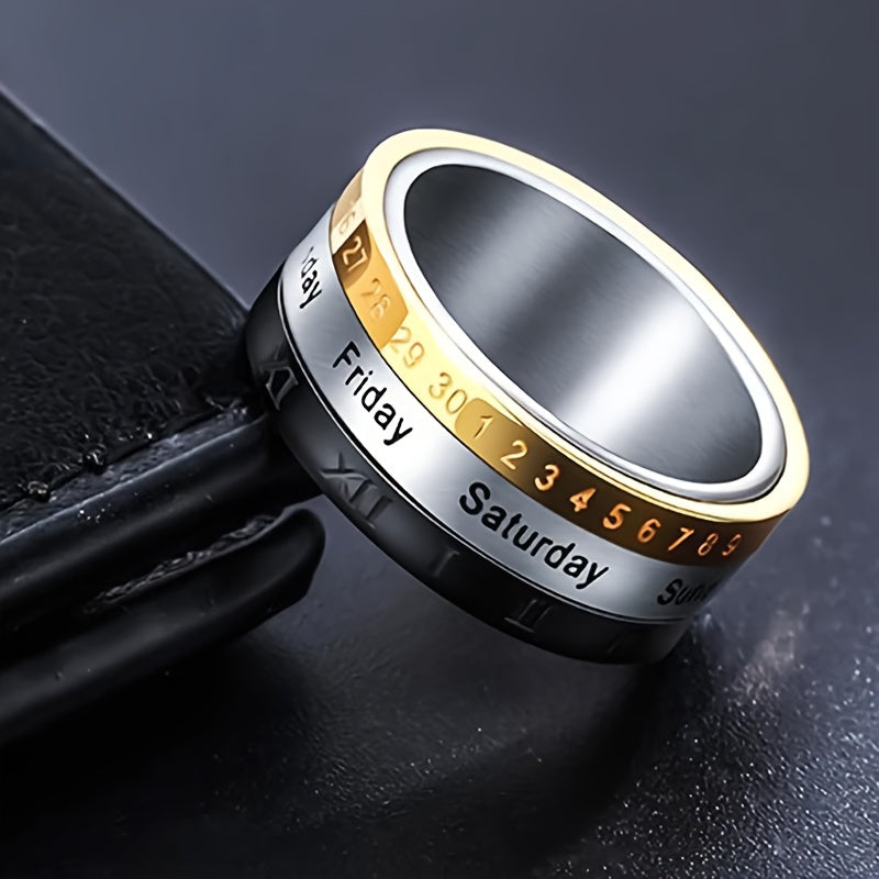 1 Titanium 304L Stainless Steel Punk Style Rotatable Date Time Calendar Ring with Roman Numerals - Black and Golden Anxiety Decompression Jewelry, Men'S Casual Dress and Holiday Gifts (Christmas, Thanksgiving, Carnival)