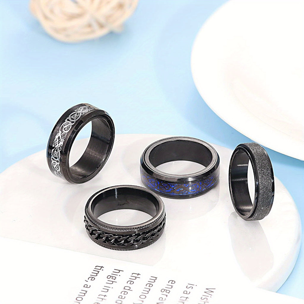 4pcs Black Spinner Rings for Men Women Fidget Rings Cool Mens Rings 316L Stainless Steel Stress Anxiety Relieving Rings Fashion Wide Wedding Promise Band Ring Set