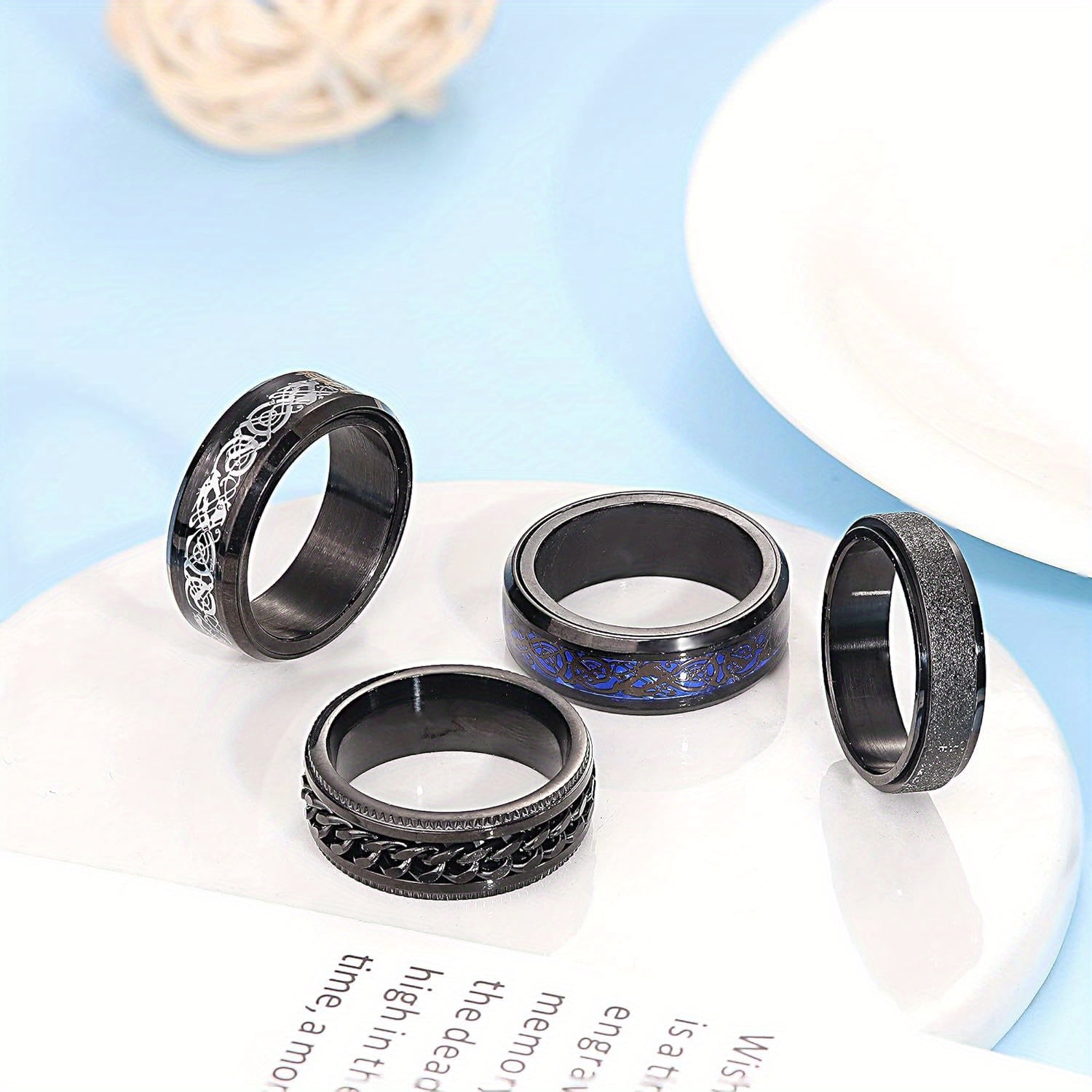 4pcs Black Spinner Rings for Men Women Fidget Rings Cool Mens Rings 316L Stainless Steel Stress Anxiety Relieving Rings Fashion Wide Wedding Promise Band Ring Set