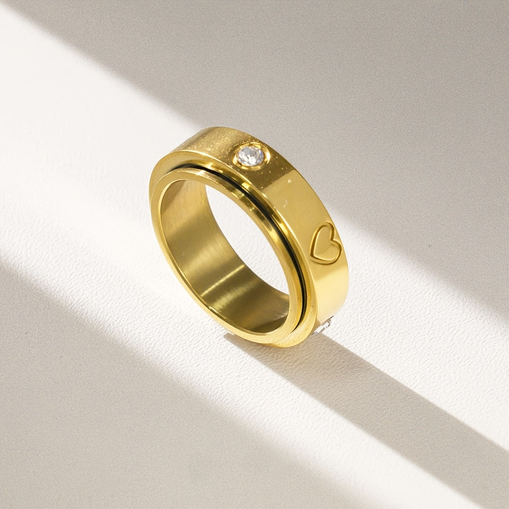 1 Simple Style Rotatable Heart-Inlaid Synthetic Zirconia 304 Stainless Steel Ring, Suitable for All Seasons Gift, for Teenager