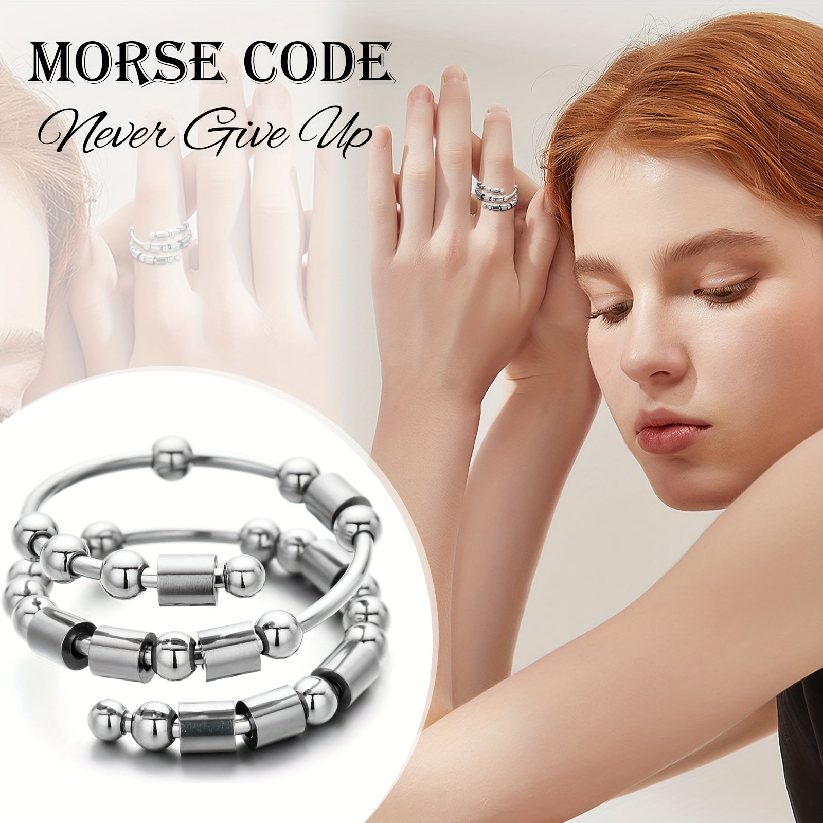 OIDEA Morse Code Ring: Never Give Up Ring With Rotating Stainless Steel Beads, Adjustable Open Ring, Fun Motivational Gift