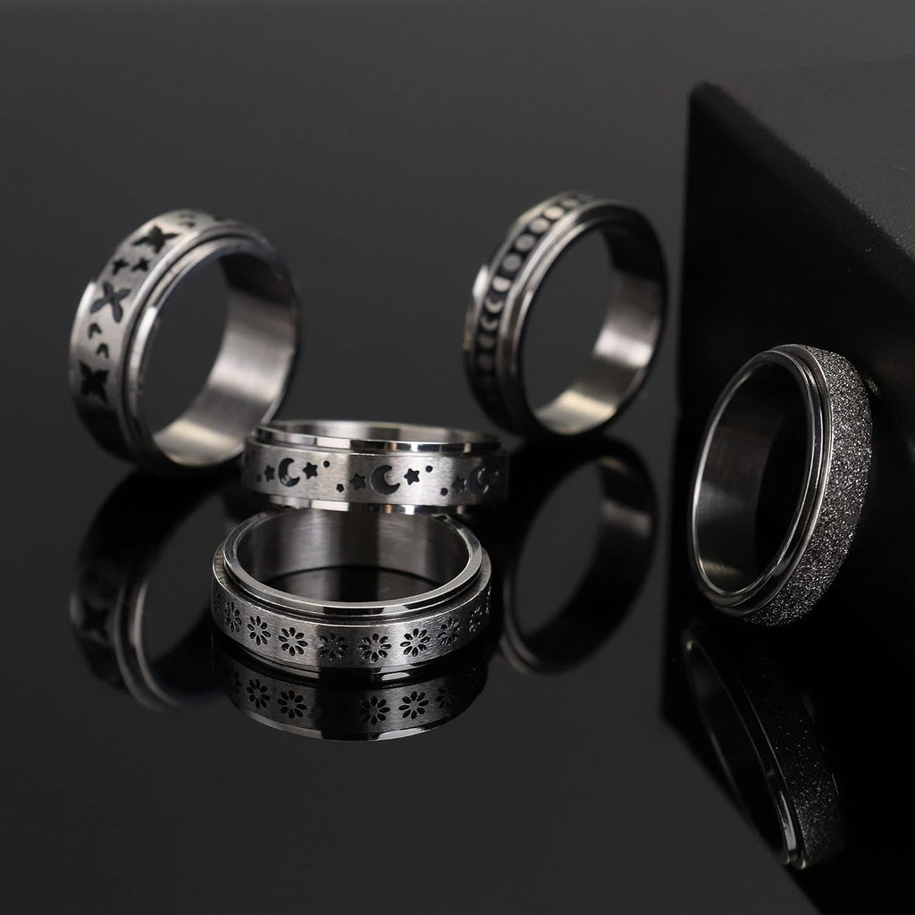 5pcs Stainless Steel Spinner Rings for Women and Men - Fidget Rings with Flower, Moon, Star, Butterfly Designs - Jewelry for Festivals, Parties, and Casual Attire, Cute Ring