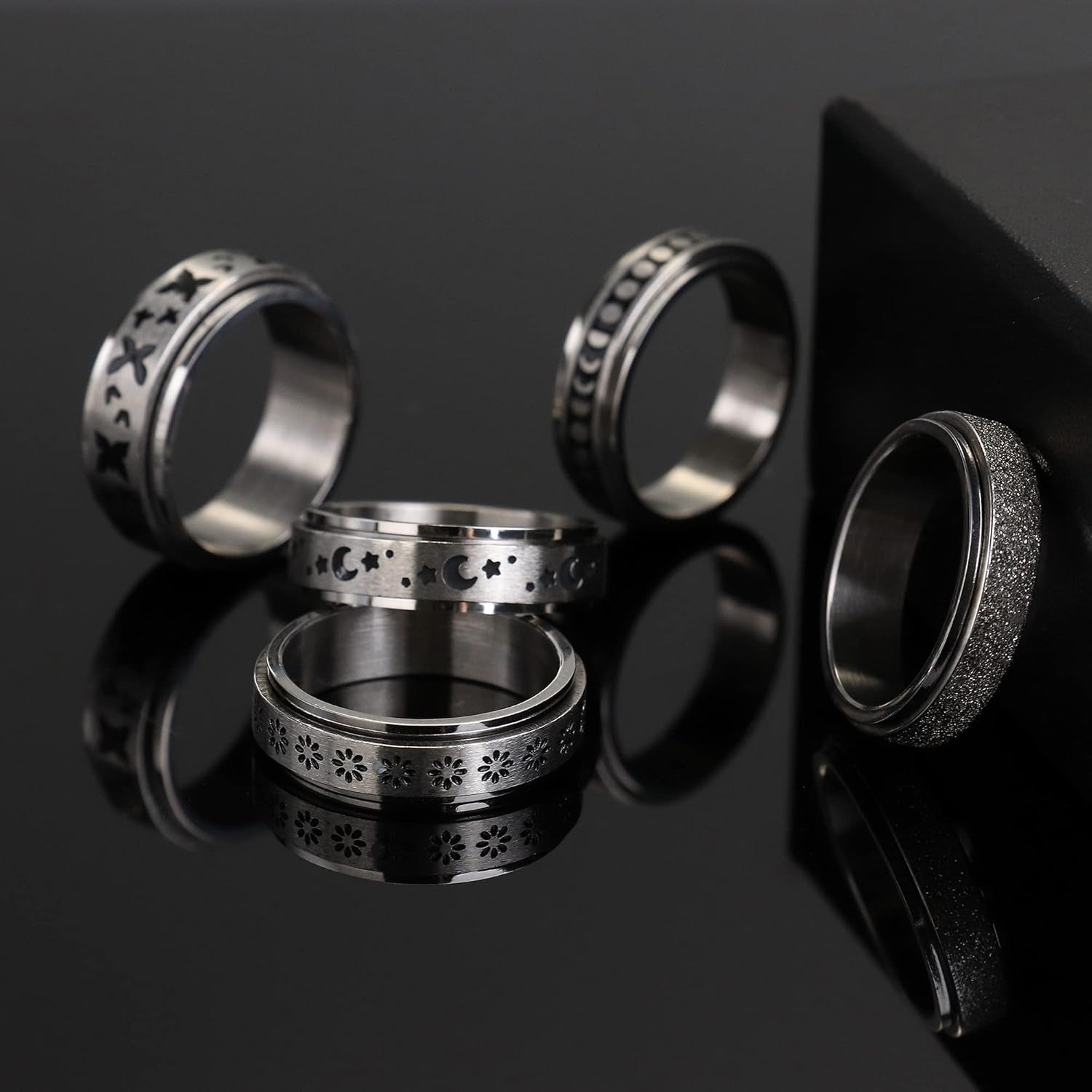 5pcs Stainless Steel Spinner Rings for Women and Men - Fidget Rings with Flower, Moon, Star, Butterfly Designs - Jewelry for Festivals, Parties, and Casual Attire, Cute Ring