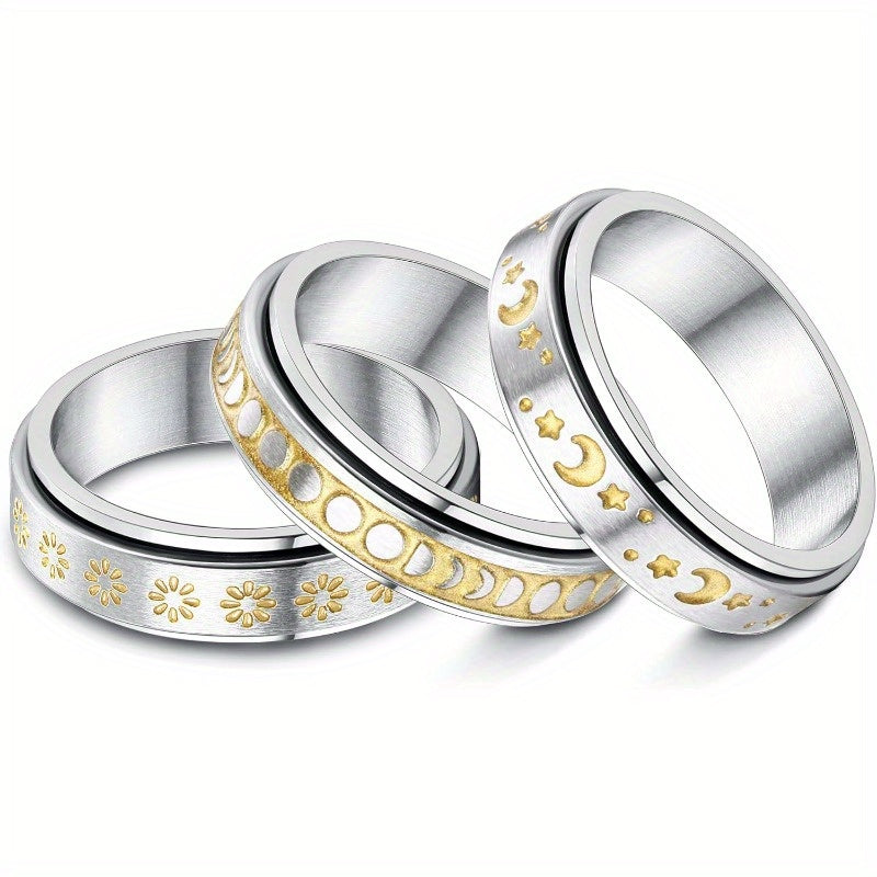 [Golden Fidget Spinner Rings] 3pcs Golden Fidget Spinner Rings for Women | 316L Stainless Steel Flower Moon Star Band Rings Set - Relieving Anxiety Spinner Band Rings