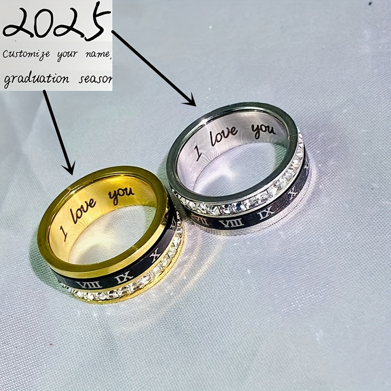 Personalized Anniversary, Wedding, Birthday Ring - Custom Roman Numeral (VI/IX/ XII), Engraved Name & Date, Rotatable Band - Durable Stainless Steel Jewelry Gift for Women/Men - Elegant Graduation, Valentine's, Christmas Present - Affordable Luxury