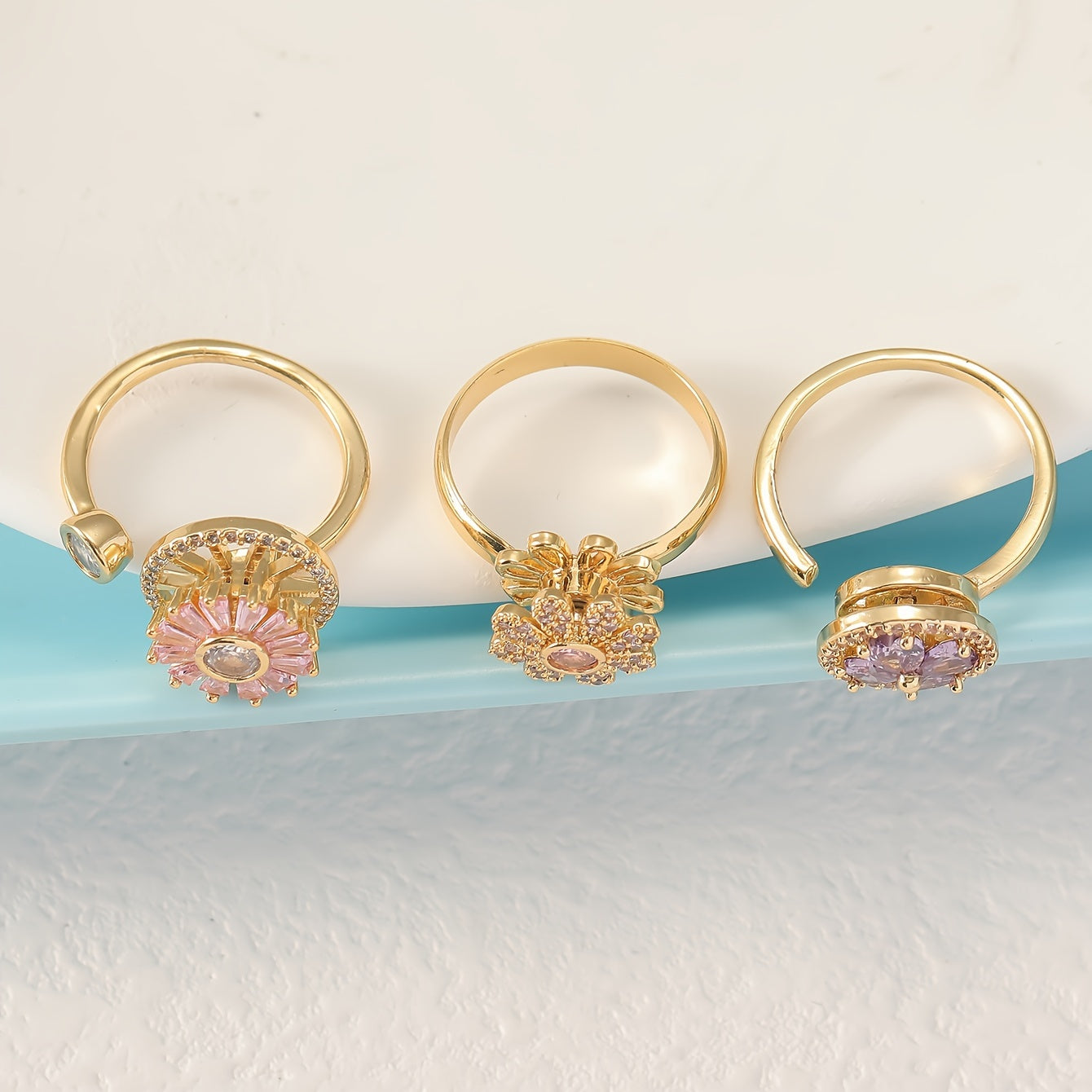 [Colorful Rotating Rings] 3pcs Colorful Rotating Rings Set with Micro Inlaid Synthetic Zirconia | Open Design, Handmade Accessories, Gifts for Friends, Girlfriends, and Couples