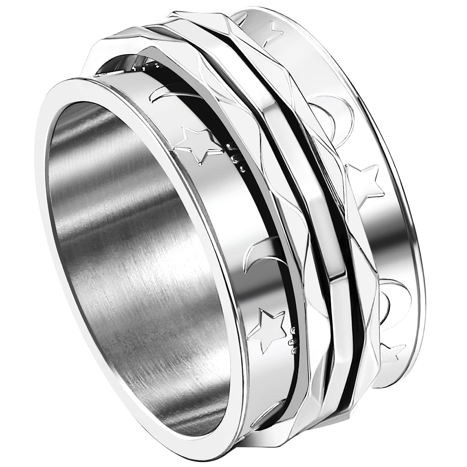 JewelryWe Retro Fidget Spinner Ring Womens Moon and Star Pattern Rotatable Stainless Steel Ring Bands