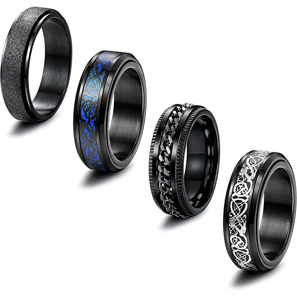 4pcs Black Spinner Rings for Men Women Fidget Rings Cool Mens Rings 316L Stainless Steel Stress Anxiety Relieving Rings Fashion Wide Wedding Promise Band Ring Set
