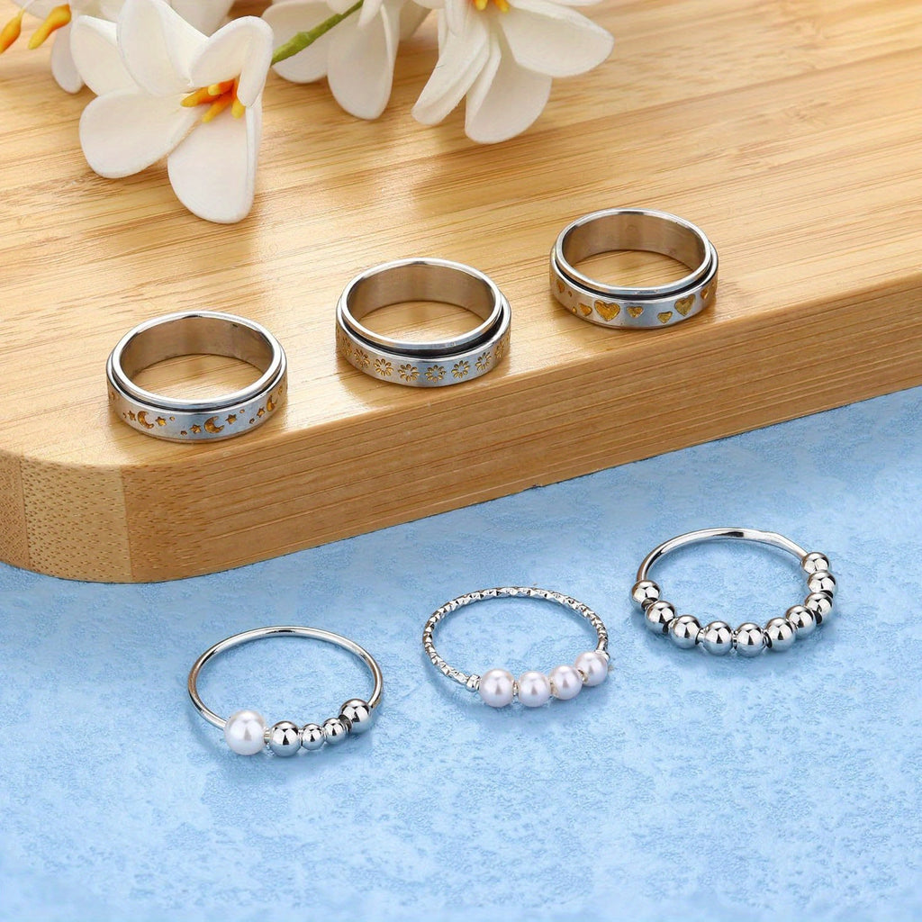 6pcs 316L Stainless Steel Spinner Rings Fidget Rings for Anxiety for Men Anti Anxiety Ring with Beads Sunflower Moon Star Stress Relieving Rings Set, for Teenager