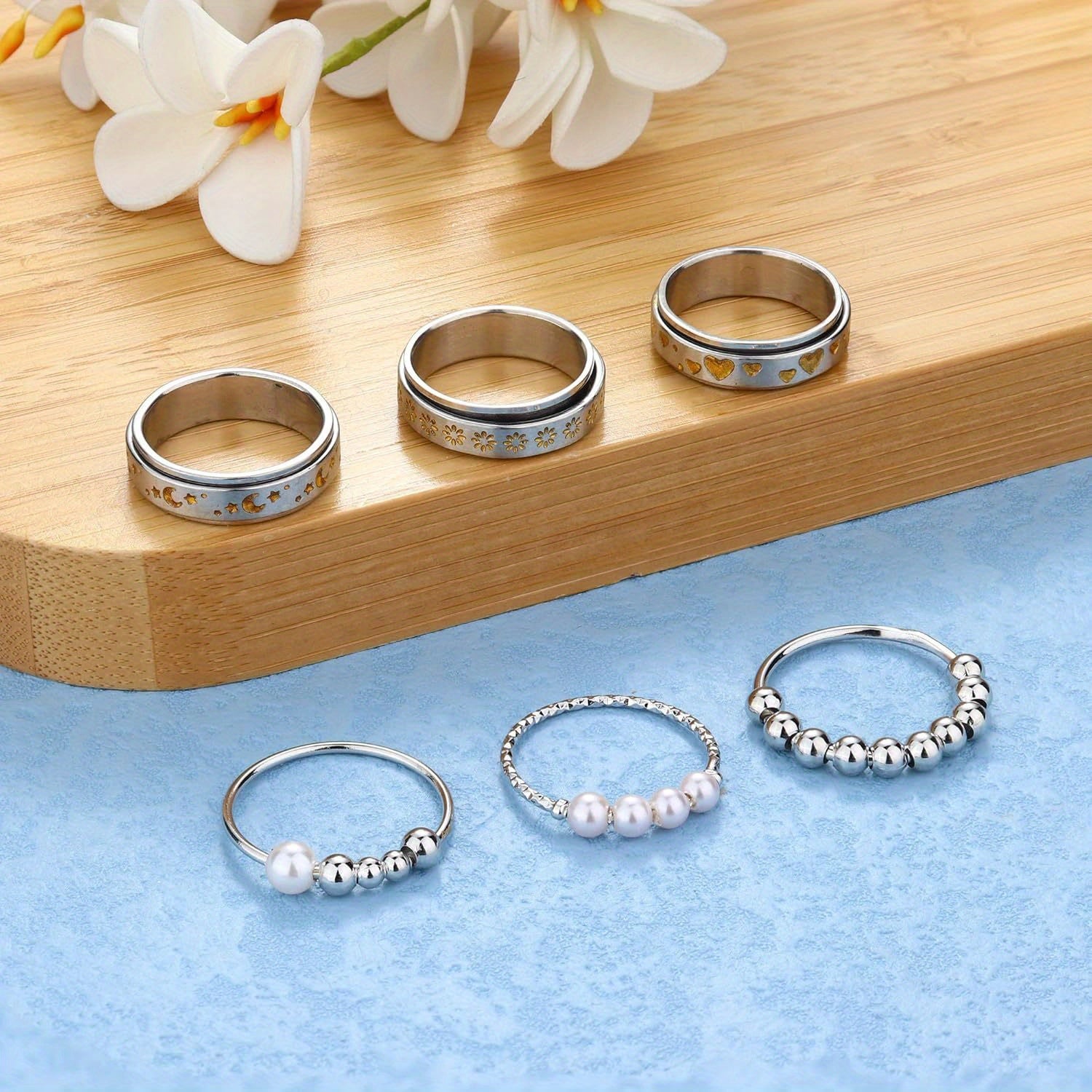 6pcs 316L Stainless Steel Spinner Rings Fidget Rings for Anxiety for Men Anti Anxiety Ring with Beads Sunflower Moon Star Stress Relieving Rings Set, for Teenager