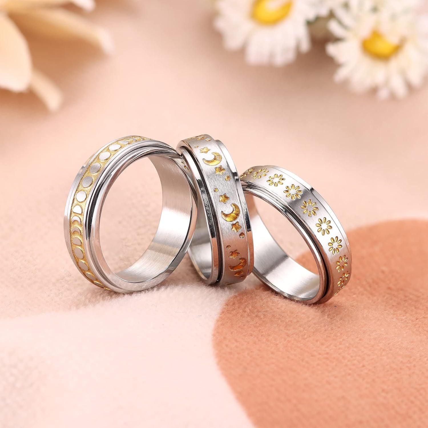 [Golden Fidget Spinner Rings] 3pcs Golden Fidget Spinner Rings for Women | 316L Stainless Steel Flower Moon Star Band Rings Set - Relieving Anxiety Spinner Band Rings