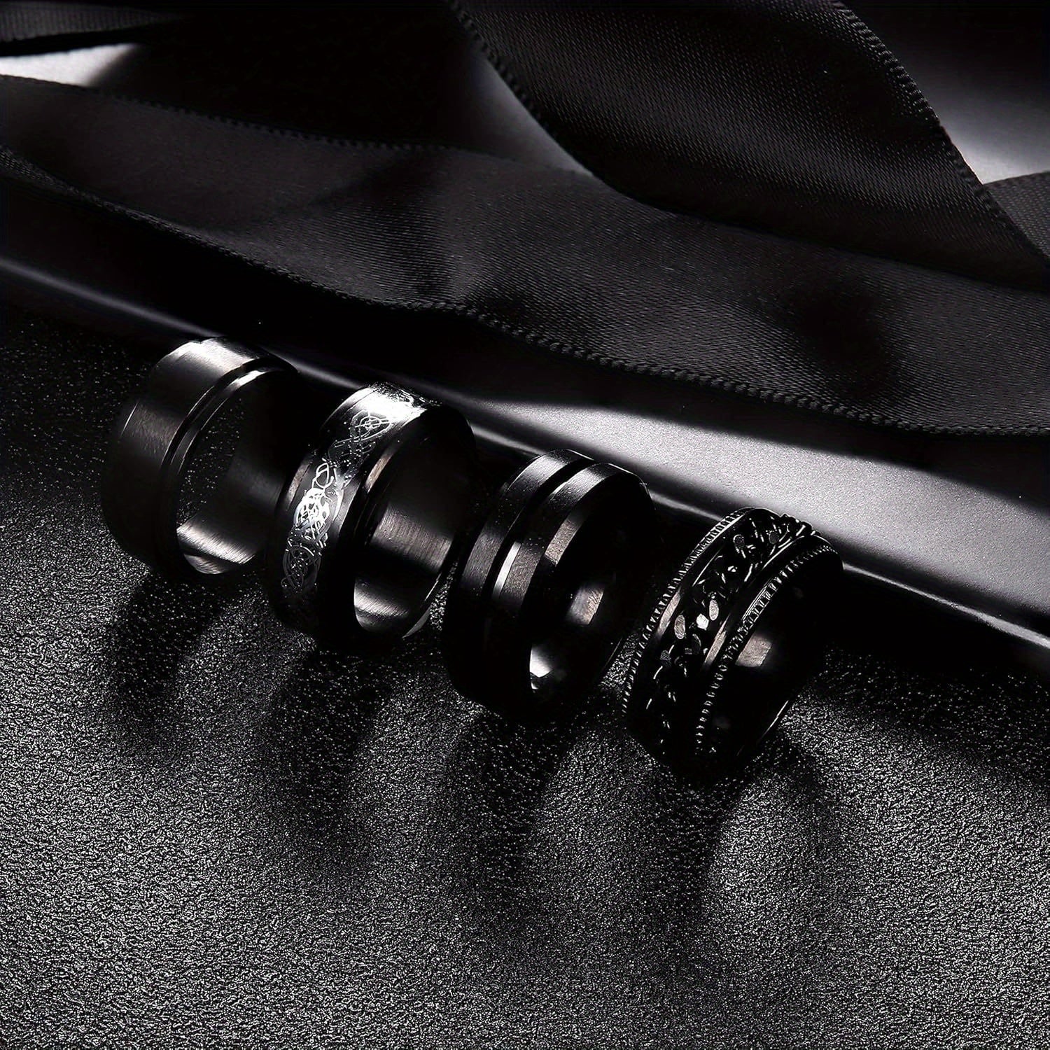 4pcs Black Spinner Rings for Men Women Fidget Rings Cool Mens Rings 316L Stainless Steel Stress Anxiety Relieving Rings Fashion Wide Wedding Promise Band Ring Set