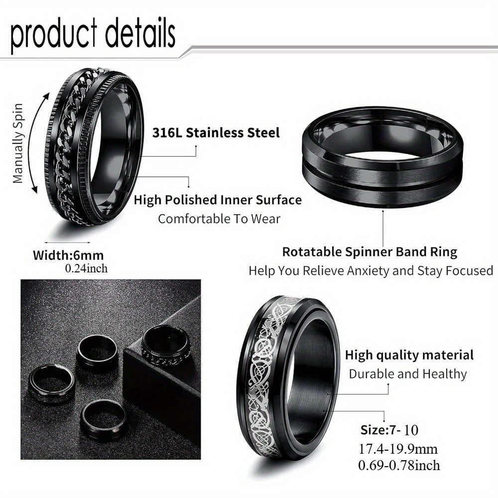 4pcs Black Spinner Rings for Men Women Fidget Rings Cool Mens Rings 316L Stainless Steel Stress Anxiety Relieving Rings Fashion Wide Wedding Promise Band Ring Set