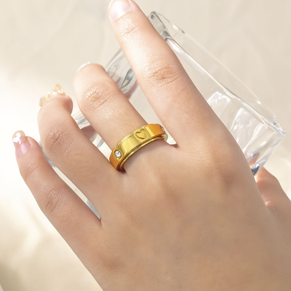 1 Simple Style Rotatable Heart-Inlaid Synthetic Zirconia 304 Stainless Steel Ring, Suitable for All Seasons Gift, for Teenager