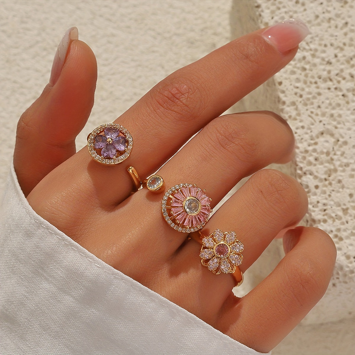 [Colorful Rotating Rings] 3pcs Colorful Rotating Rings Set with Micro Inlaid Synthetic Zirconia | Open Design, Handmade Accessories, Gifts for Friends, Girlfriends, and Couples